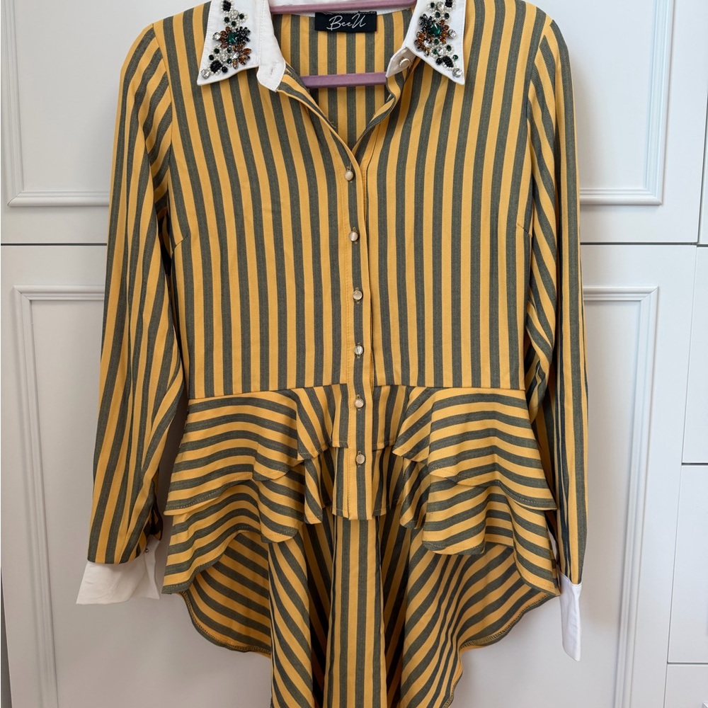Beaded Collar Striped Peplum Button-Up Blouse and pants - Yellow & Gray set